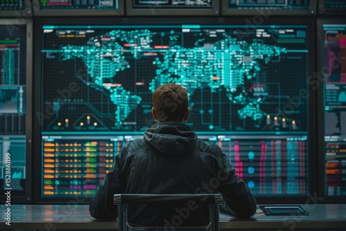 Futuristic vision  individual observing a global network of interconnected data points
