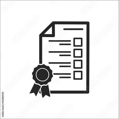 Compliance Policy Checklist Icon. Vector graphic of a certified document with a standards list and award seal. Represents inspection, regulation, and approval. Isolated on a white background.

