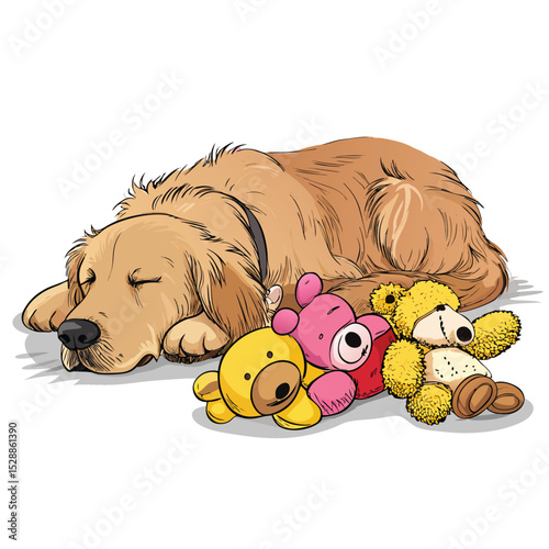 A heartwarming image of a golden retriever peacefully slumbering amidst a collection of beloved stuffed animals.  Capture the cozy and affectionate scene.