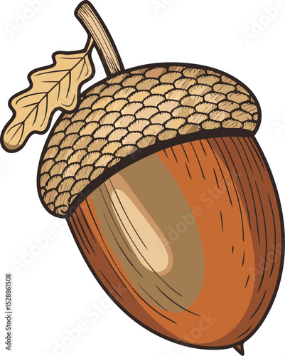 A detailed, vintage-style vector illustration of a single acorn with a textured cap and a smooth brown nut. Include a small oak leaf attached to the top.