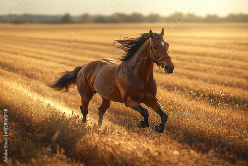 An elegant horse racing through a stubble field at full speed, with the summer sun casting long shadows. The field is dotted with patches of wildflowers.