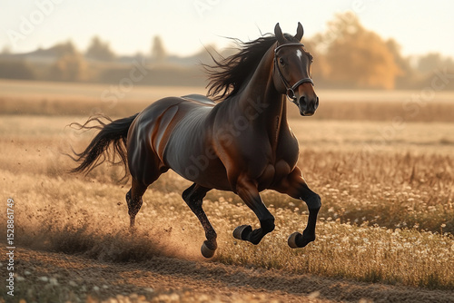 Elegant Horse Running Freely Through Wildflower-Dotted Field at Sunset

