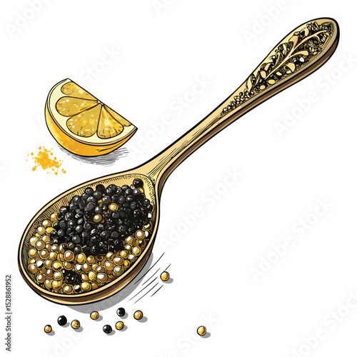 Close-up shot of a gleaming golden spoon heaped with glistening black caviar pearls, accented by vibrant yellow lemon zest.