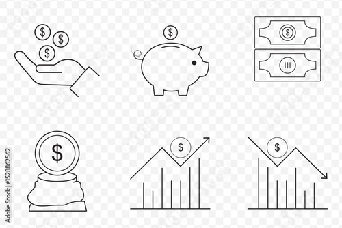 Finance icon collection. Currency icon set. Investment, income, pay, budget, wallet and more. Editable stroke on Transparent Background. EPS 10.