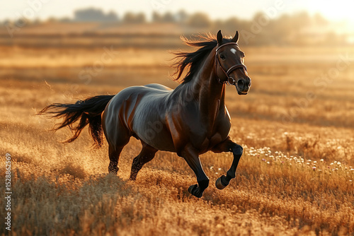 An elegant horse racing through a stubble field at full speed, with the summer sun casting long shadows. 