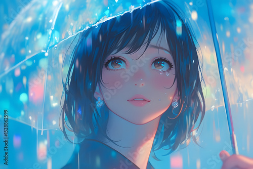 雨の中で傘を差す美しいアニメ風の女性キャラクター漫画イラスト