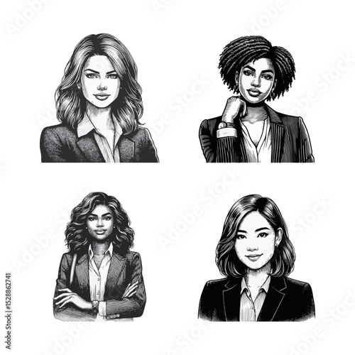 Business women engrave illustration black white