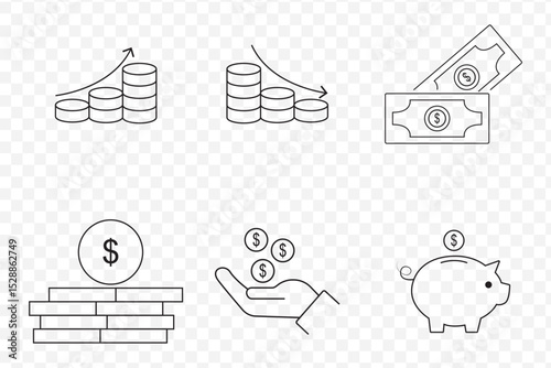 Finance icon collection. Currency icon set. Investment, income, pay, budget, wallet and more. Editable stroke on Transparent Background. EPS 10.