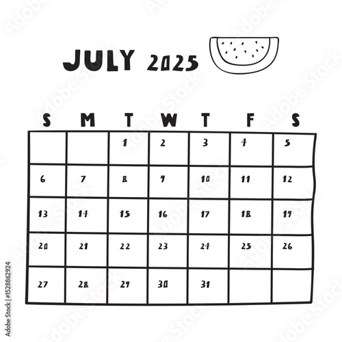Calendar for July 2025. Vector illustration on white background.