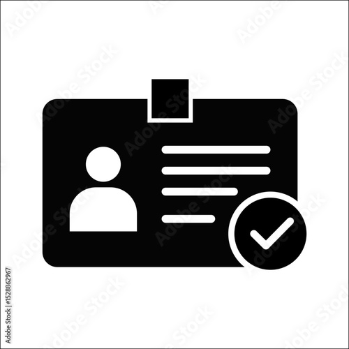 Verified ID card icon with checkmark. Symbol of user authentication, identity verification, and security access approval. Personal identification or driver's license glyph for login and account safety