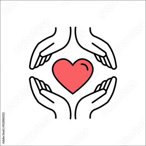 Hands protecting heart line art icon. Symbol of safety, care, and health insurance. Vector outline for life protection, love, community support, and wellness concepts.

