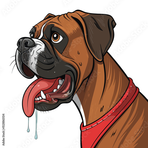A goofy-looking brown boxer dog with its mouth wide open, drooling profusely.  Capture the comical expression and texture of the slobber.