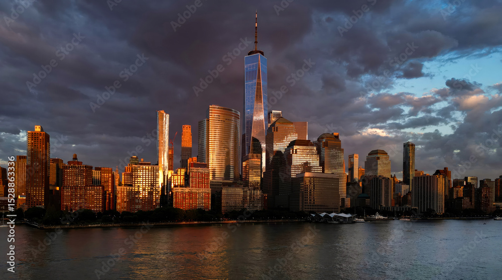 Fototapeta premium Manhattan skyline, New York, United States. Aerial Panorama of New York city skyscrapers in Manhattan. USA NYC. NY city. Lower NYC skyline. New York cityscape. America, New York City. NYC landmark.