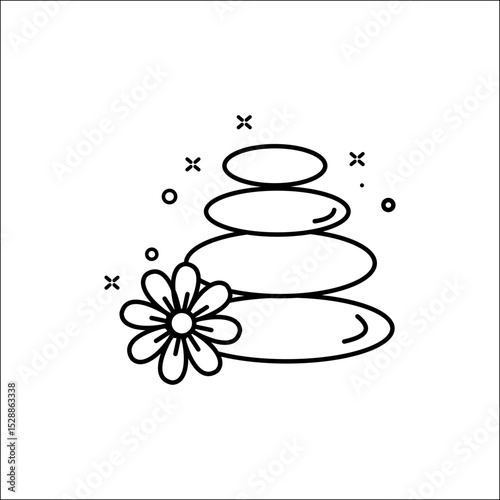 Zen stones with flower line art icon. Stacked pebbles symbolizing balance, harmony, and meditation. Vector outline for spa, relaxation, yoga, and mindfulness concepts.

