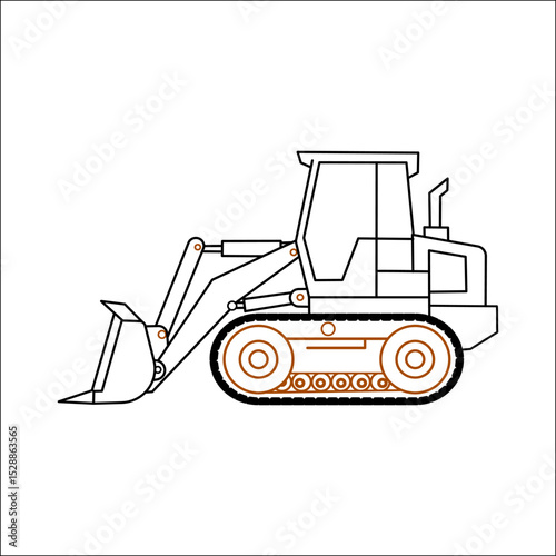 Front loader line art with color accent. Construction bulldozer or earthmover vehicle. Heavy machinery outline with orange tracks for building site projects. Vector illustration.
