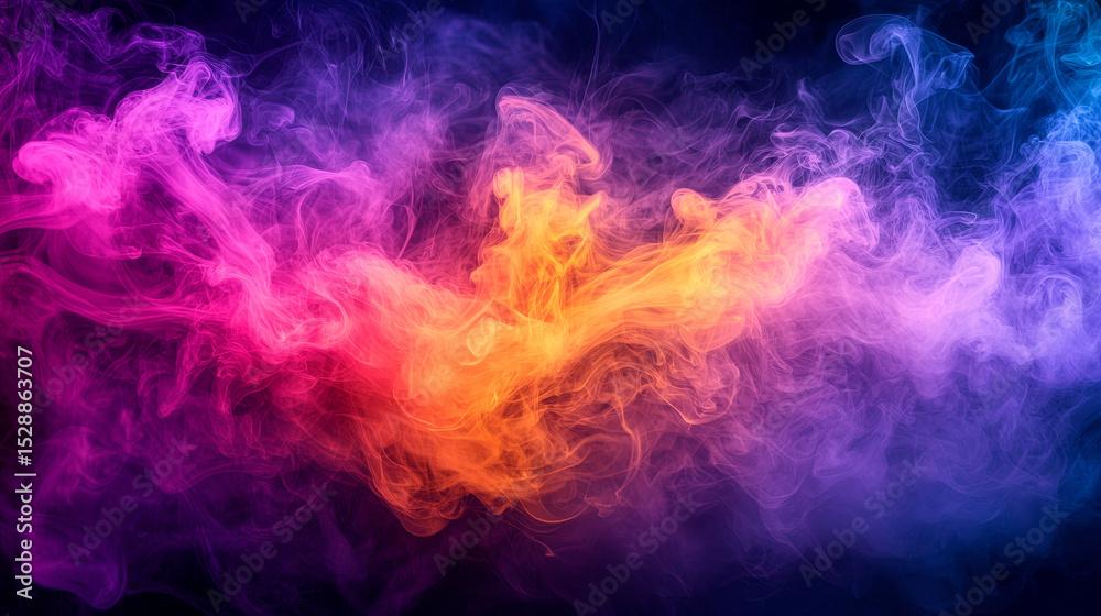 Fototapeta premium Dynamic and Vibrant Cloud of Colorful Smoke Abstract Swirling Patterns in Purple, Pink, and Yellow Create Mesmerizing Visual Effect Against Dark Background