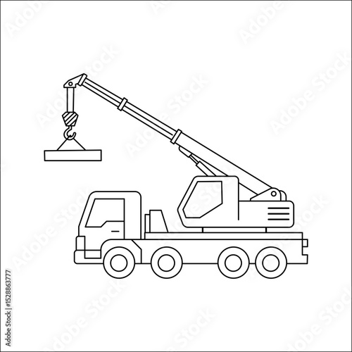 Mobile crane truck line art illustration. Heavy construction machinery for lifting. Outline drawing of an industrial vehicle for building sites and engineering projects. Vector graphic.

