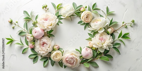 Elegant Floral Wreath of Delicate Peonies and Greenery on a Light Textured Background
