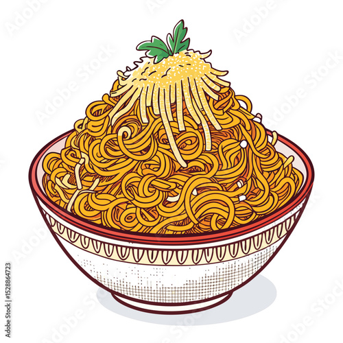 A colossal mountain of ramen noodles, meticulously crafted, peaks with a generous topping of shredded cheese; vibrant, appetizing.