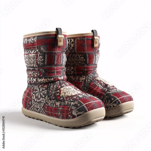 3D stylish dog boots designed for winter snow, isolated on white background.