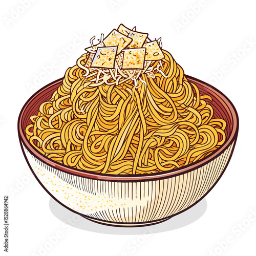 A colossal, steaming mountain of ramen noodles, generously topped with shredded carrots and other colorful garnishes.