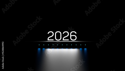 2026 numeral,number neon lettering with reflection. Two thousand twenty sixth year luminous abstract wallpaper.3D render