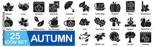 Autumn Icon Set With Acorn, Schedule, Fall Photo, Umbrella, Leaves, Coffee Mug, Pumpkin, Book, Temperature, Apple, Falling Leaves, Hot Chocolate
