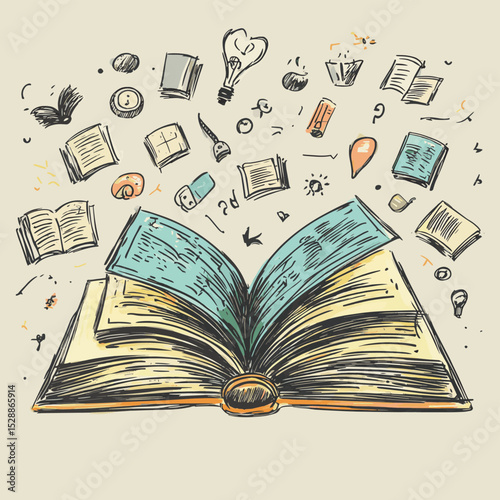 Sketch open book with many symbols around