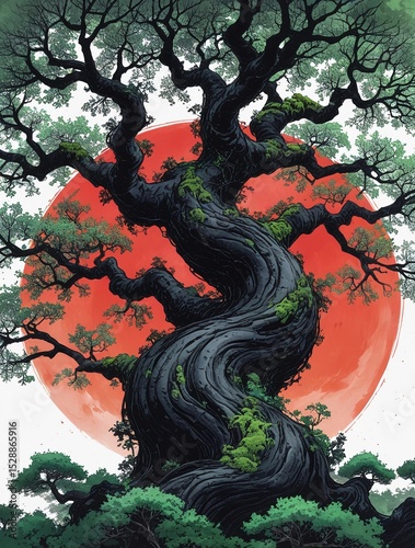 Surreal Fantasy Tree Digital Art with Red Moon, Snow Landscape, Japanese Style Illustration. The lovely digital art.