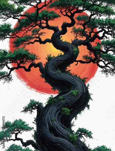 Surreal Fantasy Tree Art with Red Moon, A  fantastic digital art with tree, moon, and snow.