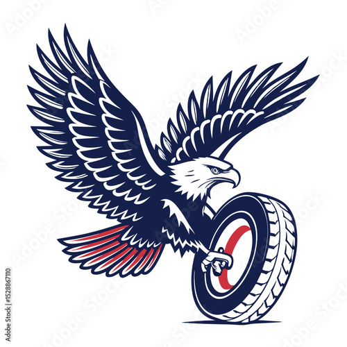 A majestic eagle, talons firmly gripping a MotoGP tire, soars majestically through an isolated, clear sky.  High-resolution, photorealistic.
