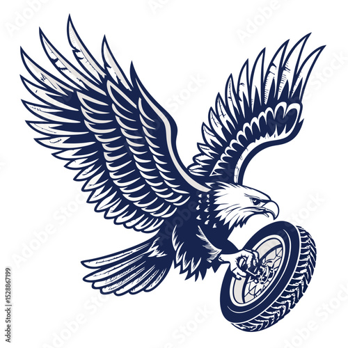 A majestic eagle powerfully grips a MotoGP tire mid-flight, isolated on a pure white background; feathers detailed, tire sharp.