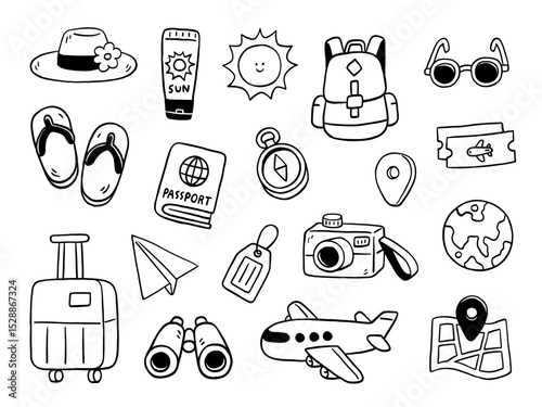 Vector illustration of travel Set Collection, travel concept, symbol and icon design, hand drawn doodle art style