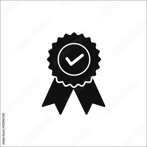 Certified Quality and Guarantee Ribbon Icon. An award ribbon with a check mark, symbolizing certification, best quality, and verified approval. A seal of excellence and satisfaction.

