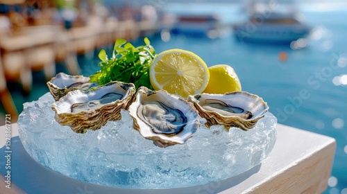 Ice plate with oysters, lemon and seaweed
