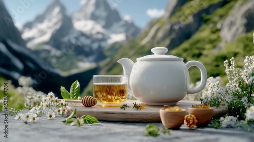 Porcelain teapot with herbal tea brewed from mountain herbs and flowers