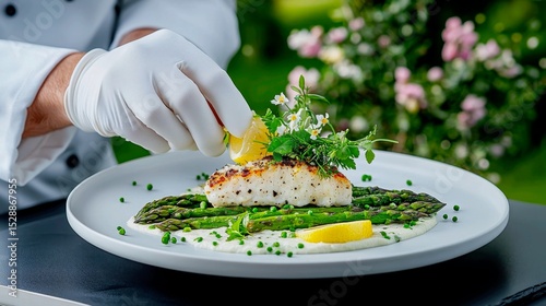 Fresh asparagus served on a white plate with lemon and bechamel sauce