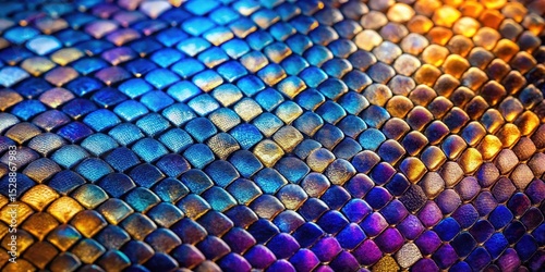 Close-up view of iridescent reptile scales exhibiting a vibrant spectrum of blues, purples, and golds
