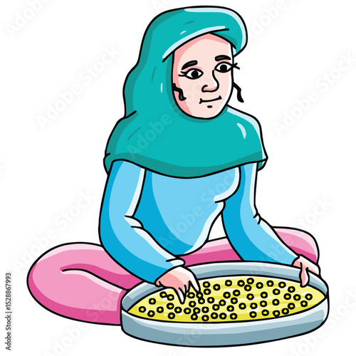 Cute cartoon hand drawn vector women cleaning grains clipart.