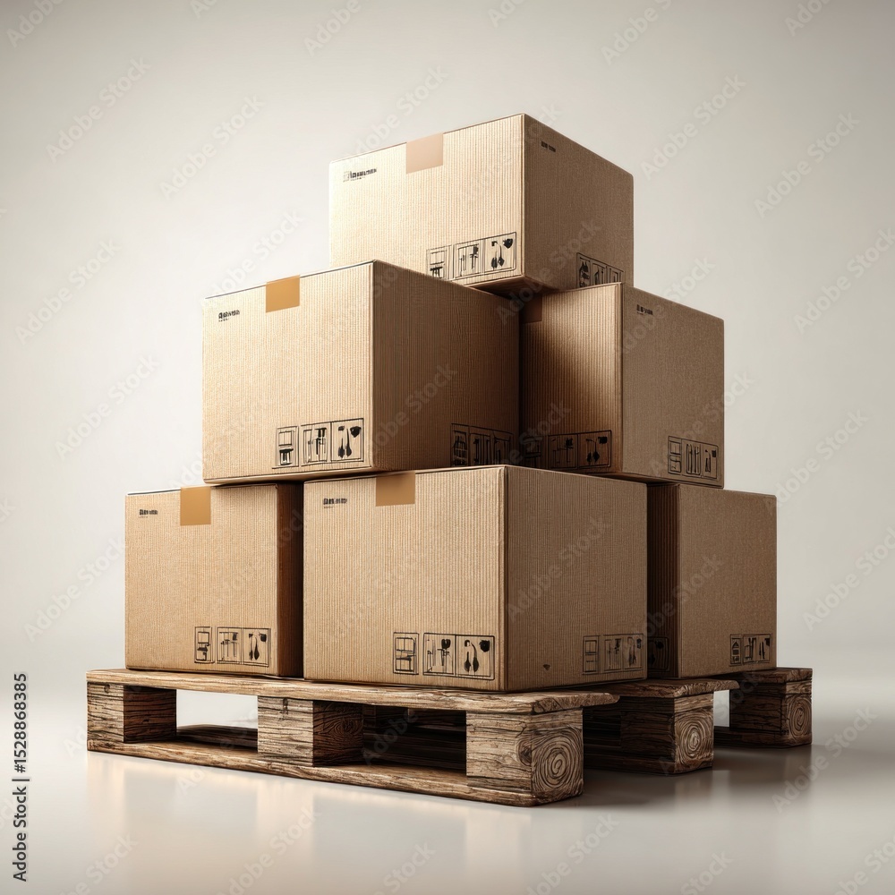 Cardboard boxes are neatly arranged in a pyramid shape on a wooden pallet, creating a clean and organized storage display Cardboard boxes are neatly arranged in a pyramid shape on a wooden pallet, creating a clean and organized storage display
