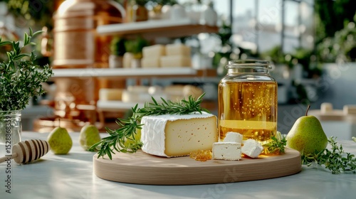 Cheese board with homemade cheese garnished with rosemary and thyme