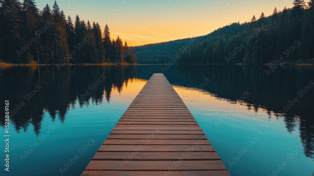 Naklejka premium Serene wooden dock on tranquil lake, golden hour