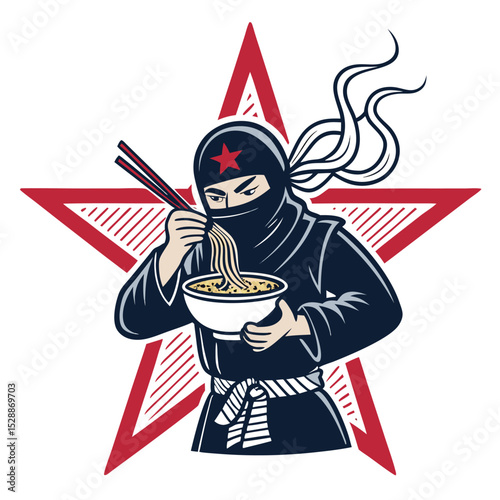 A stealthy ninja, clad in black, delicately holds a steaming bowl of ramen, the steam forming a stylized dragon above.