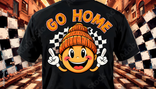 Homebound Bliss: A playful t-shirt design embodies the spirit of relaxation and the joy of returning home, presented against the backdrop of a vintage checkerboard motif.