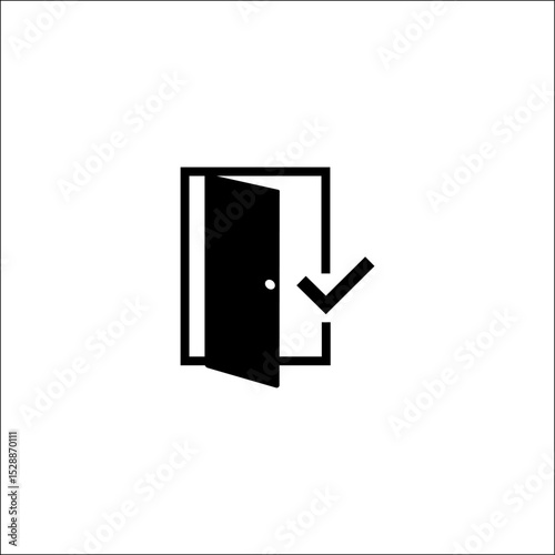 Access Granted and Approved Entry Icon. An open door with a check mark symbolizing authorization, verification, and a successful login. Welcome and access approved concept.

