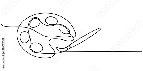 one line art palette and brush vector icon. single line, one continuous line, simple, hand drawn and sketch style. Continuous one line drawing of a art materials. for icons, symbols, signs or logos. 