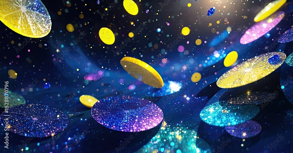 Obraz premium Vibrant cosmic scene. Floating discs sparkle, illuminated by blue, purple, yellow light. Stars, dust create dreamy atmosphere.
