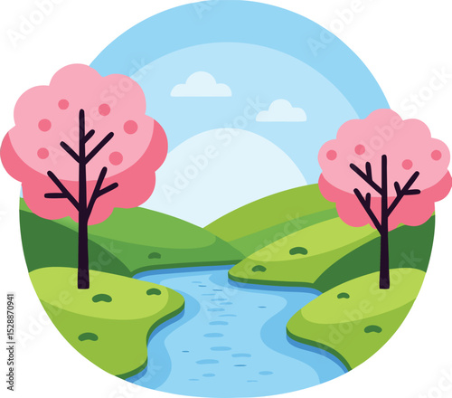 Spring Landscape with Cherry Blossom Trees and Flowing River