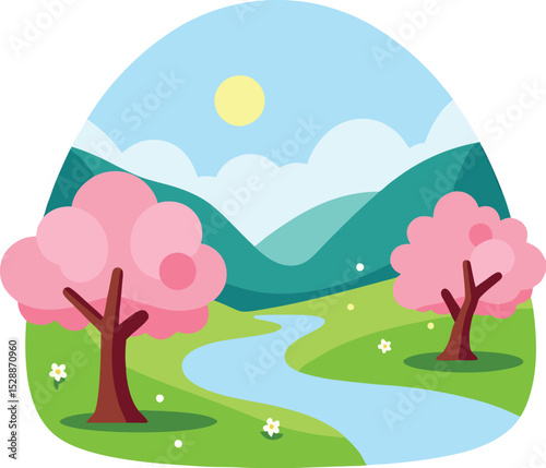 Spring Landscape with Cherry Blossoms and Sunny Sky