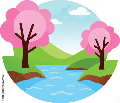 Cherry Blossom Trees in a Circular Spring Landscape Frame